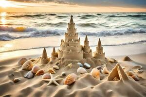 AI generated sand castle on the beach at sunset photo