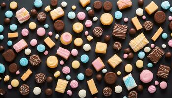 AI generated many different types of candy on a black background photo