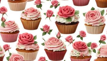 AI generated cupcakes with pink roses on a white background photo