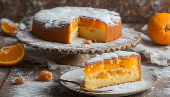 ai generado un pastel con naranja rebanadas en un plato foto