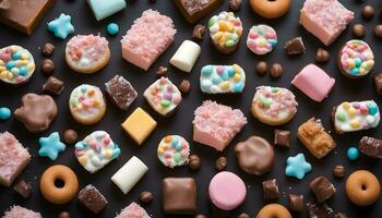 AI generated a large assortment of colorful candy on a black background photo