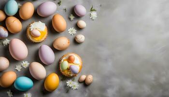 AI generated colorful eggs on a gray background photo