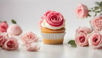 AI generated a cupcake with frosting and pink roses photo