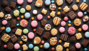 AI generated various types of chocolate and candy on a black background photo