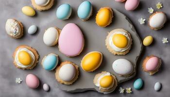 AI generated a plate of colorful easter eggs and cookies photo