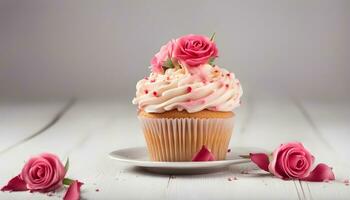 AI generated cupcake with pink roses on white table photo