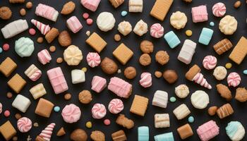 AI generated many different kinds of cookies and candies on a black background photo