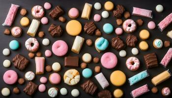 AI generated assorted sweets and biscuits on a black background photo