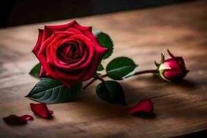 AI generated a single red rose is on a wooden table photo