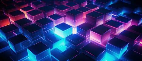 AI generated Bright neon elements and 3D cubes create a modern, tech-savvy atmosphere. photo