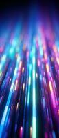 AI generated Futuristic abstract background with bright blue and purple neon beams, symbolizing high-speed data transfer and digital communication. photo