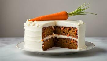 AI generated a carrot cake with frosting on a plate photo