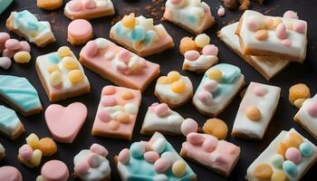 AI generated many different types of candy bars on a black background photo