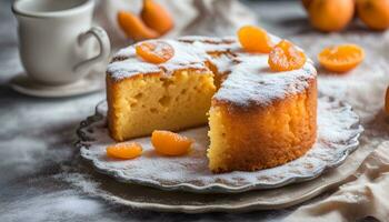 ai generado un pastel con naranja rebanadas en parte superior y un taza de café foto