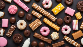 AI generated assortment of chocolate and donuts on black background photo