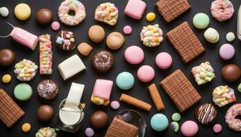 AI generated various types of chocolate and sweets on a black background photo