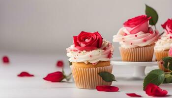 ai generado magdalenas con rojo rosas en un blanco mesa foto