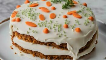 AI generated a carrot cake with frosting and carrots on top photo