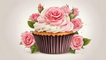 AI generated cupcake with pink roses vector illustration photo