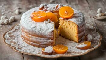 AI generated a cake with powdered sugar and oranges on a plate photo