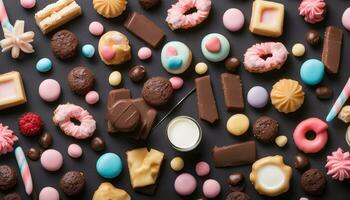 AI generated various types of sweets and desserts on a black background photo