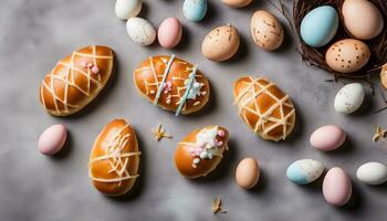 ai generado Pascua de Resurrección Pascua de Resurrección huevos y panes en un mesa foto