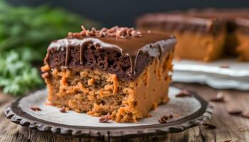 AI generated a piece of carrot cake on a plate with chocolate frosting photo