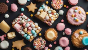 AI generated various colorful sweets and candies on a black background photo