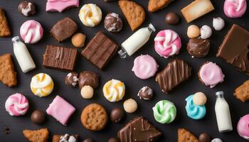 AI generated assorted cookies and sweets on a black background photo