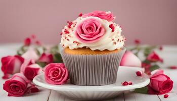 ai generado magdalena con rosado rosas en un blanco plato foto