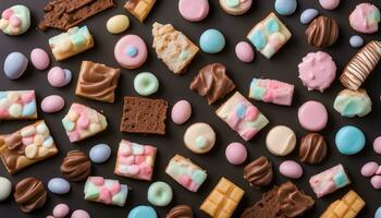 AI generated various types of chocolate and candy on a black background photo