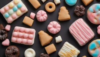 AI generated assorted sweets on a black background photo