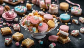 AI generated various pastries and sweets on a table photo