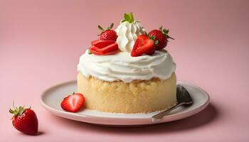 AI generated a small cake with whipped cream and strawberries photo