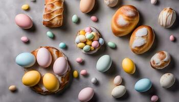 AI generated colorful easter eggs and bread on a table photo