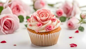 AI generated a cupcake with pink frosting and roses photo