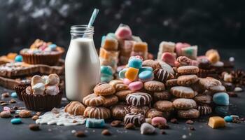 AI generated various sweets and milk on a dark background photo