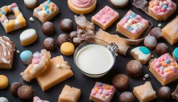 AI generated assorted sweets and milk on a black background photo