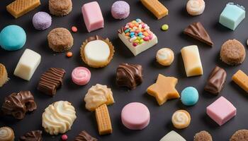 AI generated various types of chocolates and sweets on a black background photo