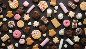 ai generado muchos diferente tipos de galletas y golosinas en un negro antecedentes foto