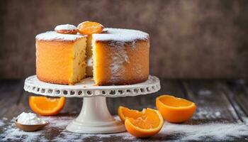 AI generated orange cake with a slice taken out on a white cake stand photo