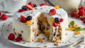 AI generated a cake with fruit and cream on a plate photo