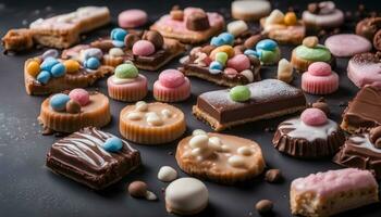 AI generated assortment of chocolate and candy on black background photo