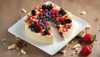 AI generated a white plate topped with a cake with berries photo