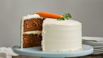 AI generated a carrot cake with frosting on a blue plate photo