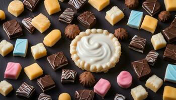 AI generated assorted chocolates and sweets on a black background photo