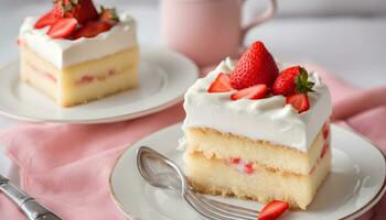 ai generado un rebanada de pastel con fresas en parte superior foto