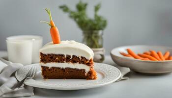 AI generated a piece of carrot cake with cream cheese frosting on a plate photo