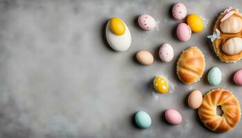 ai generado Pascua de Resurrección huevos y croissants en un gris antecedentes foto