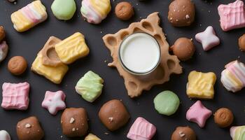 ai generado un variedad de chocolate y malvavisco galletas y Leche foto